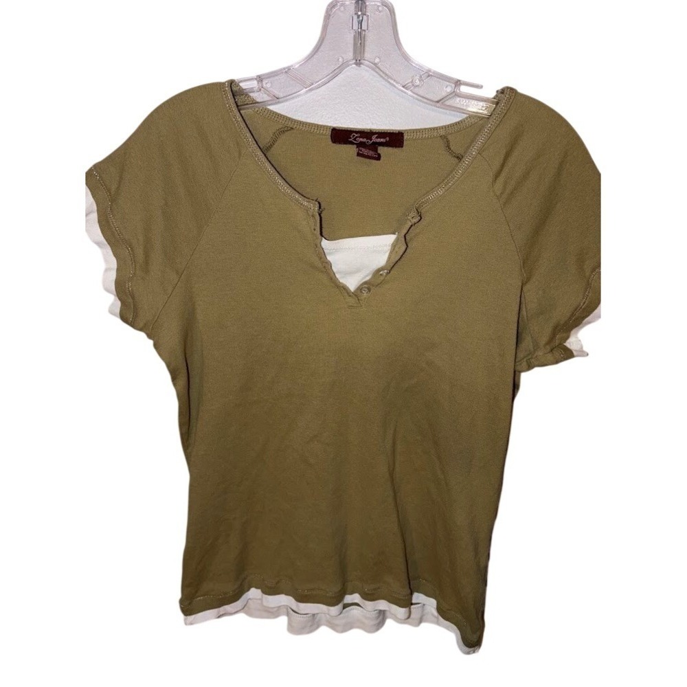 Zena Jeans Womens 1X Olive Green Layered Look Henley Short Sleeve Cotton Top